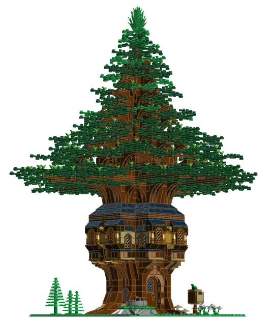 a very large tree that is made out of legos and has many trees around it