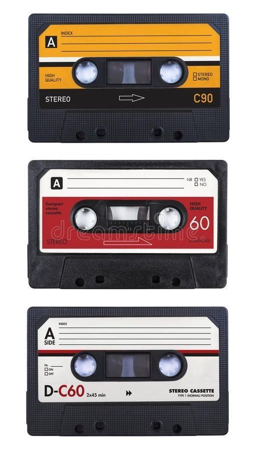 two old school cassette tapes, one red and the other black royalty images are isolated against a white background