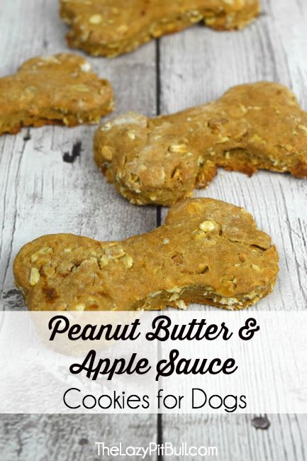 peanut butter and apple sauce cookies for dogs on a wooden table with text overlay