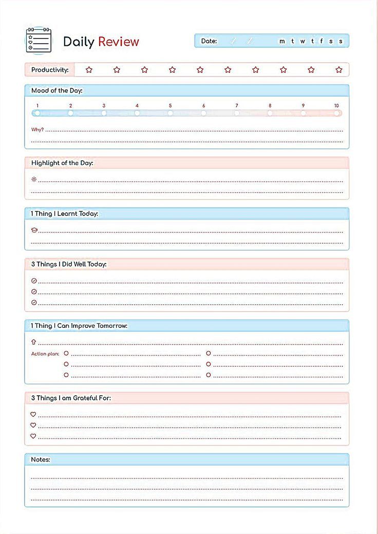 the daily review form is shown in blue and pink, as well as an empty list