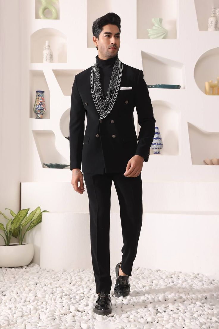 Black Rayon Collar Tuxedo Wedding Suits for Men Modern Tuxedo, Designer Tuxedo, Tuxedo Wedding Suit, Wedding Suit Styles, Shantanu And Nikhil, Wedding Outfit Men, Tuxedo Pants, Black Tuxedo, Tuxedo For Men