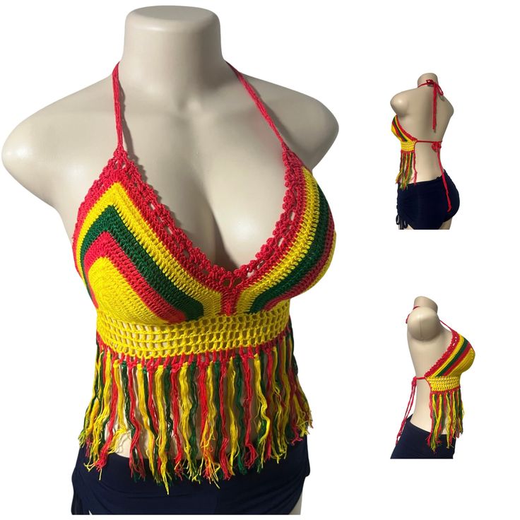 Materials : 100%Cotton  Colors : Red-Green-Yellow One Size fits all  Description  Reggae bikini handmade crochet  Handmade crochet halter tops You will absolutely unique and fabulous on any beach or pool party.This top is perfect for hot summer days to wear with shorts, skirts or jeans. Suitable for sunbathing but not recommended for swimming as it will get heavier, can stretch a bit and won't get dry in a few minutes.  Perfect for the summer. You will feel yourself so comfortable and trendy with this top! Yellow Bohemian Crochet Top For Festival, Summer Beach Halter Top With Fringe, Beach Crop Top With Fringe Detail, Festival Beach Fitted Halter Top, Fitted Halter Top For Beach Festivals, Festival Fitted Halter Top For Beach, Festival Halter Top For Beach, Fitted Yellow Bohemian Crochet Top, Fitted Fringe Crop Top