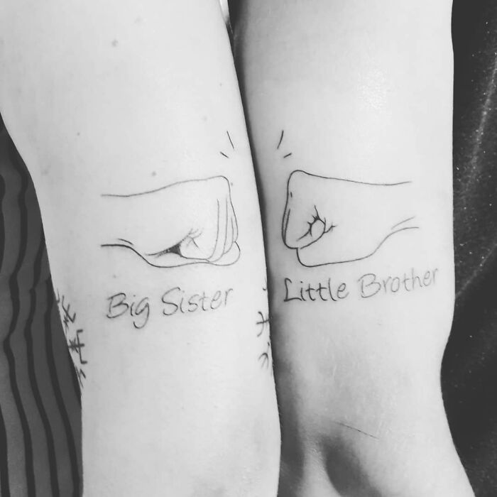 two people with tattoos on their arms that say, we are big sister and little brother