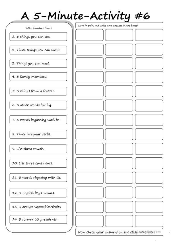 the five minute activity sheet for students to practice their writing skills