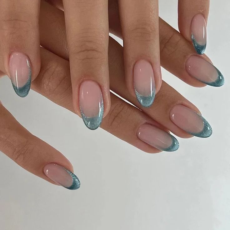 Elegant French Tip Nail Art with Light Blue Glitter Accents – Queencloth French Nail Art, Fake Nails With Glue, Cat Eye Nails, Nail Swag, False Nail, French Tip Nails, Blue Nails, False Nails, Almond Nails