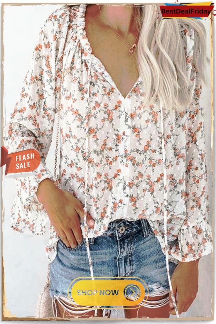 Floral Print Flares Sleeve Blouse Non-stretch Long Sleeve Summer Blouse, Long Sleeve Floral Print Blouse For Summer, White Non-stretch Spring Blouse, Non-stretch White Blouse For Spring, Spring Vacation Long Sleeve Blouse, Casual Long Sleeve Floral Print Blouse, Vacation Floral Print Long Sleeve Blouse, Long Sleeve Floral Print Blouse For Vacation, Flowy V-neck Spring Blouse