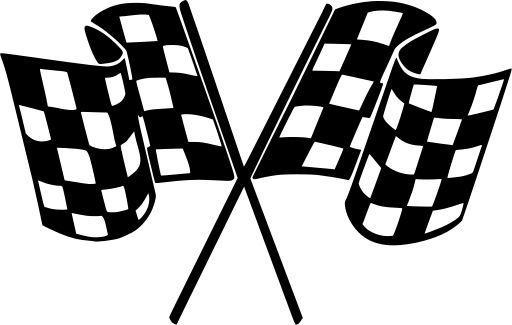 two checkered flags waving in the wind on a white background with black and white text