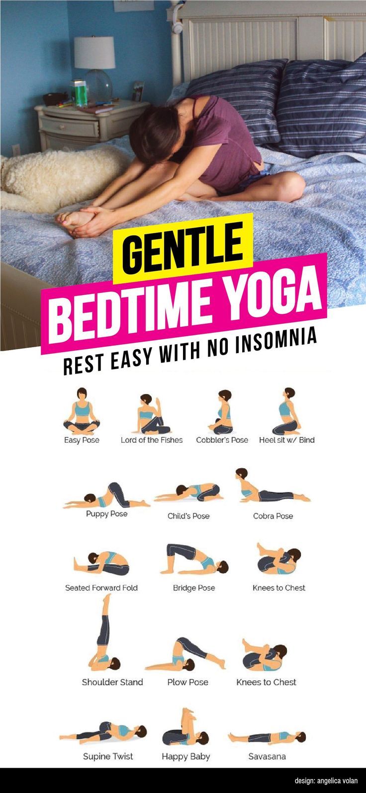 a woman doing yoga poses on her bed with the words gentle bedtime yoga rest easy with no insomnia