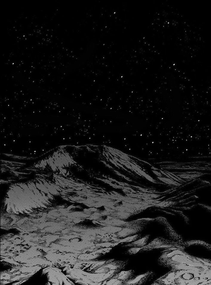 a black and white photo of snow covered mountains in the night sky with stars above