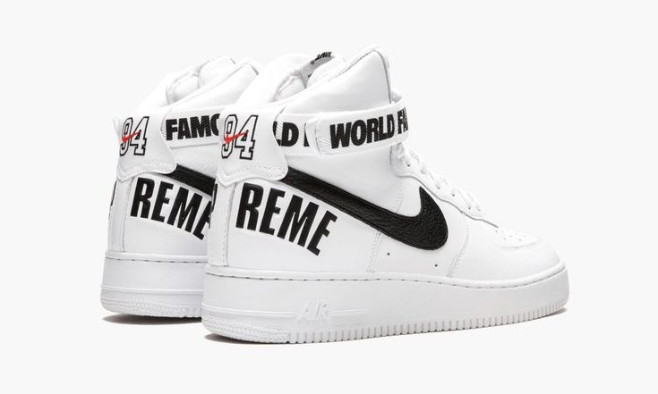 Supreme and Nike Sportswear dropped another one of their monumental collaborations in 2014, with three colorways of the Air Force 1 High including this version in white leather with black accents.  As you can expect, all three sold out instantly and have since become some of the most sought after Air Force 1s in years.  World Famous, indeed. Buy Nike Shoes, Air Force 1s, Nike Air Force 1 High, Air Force 1 High, Stadium Goods, Aesthetic Shoes, New Sneakers, Black Accents, Nike Air Force 1