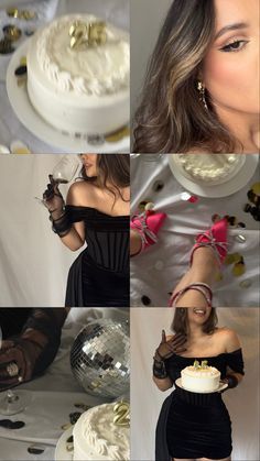 a collage of photos showing different types of cake and woman in black dress with white frosting