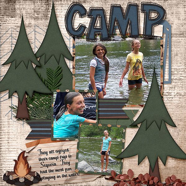 a collage of photos with trees and people in the background, including a camp sign