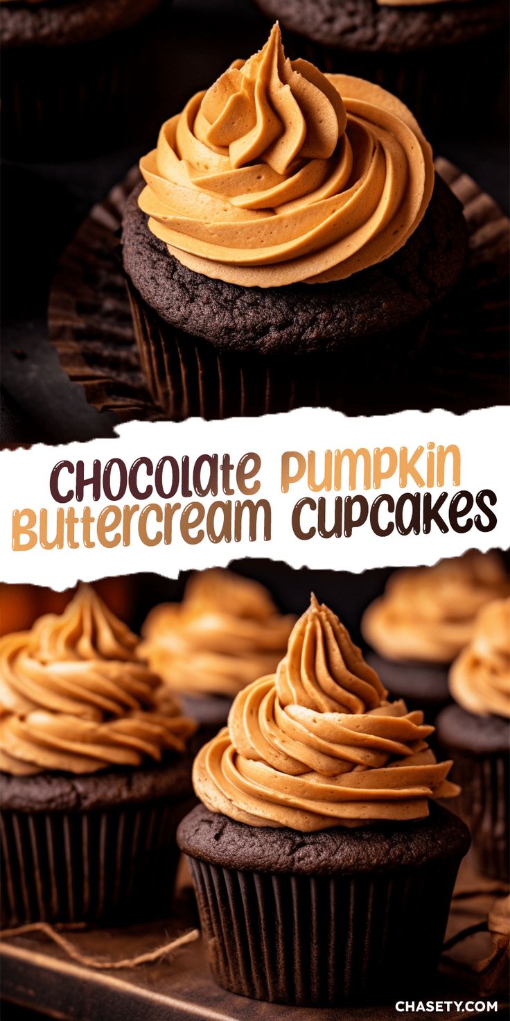 chocolate pumpkin buttercream cupcakes with frosting in the middle and on top