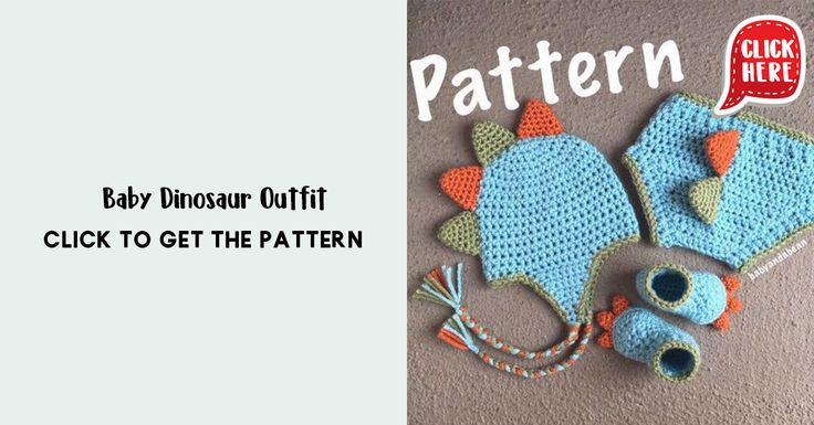 two crocheted hats and mittens are shown with the words, baby dinosaur outfit click to get the pattern