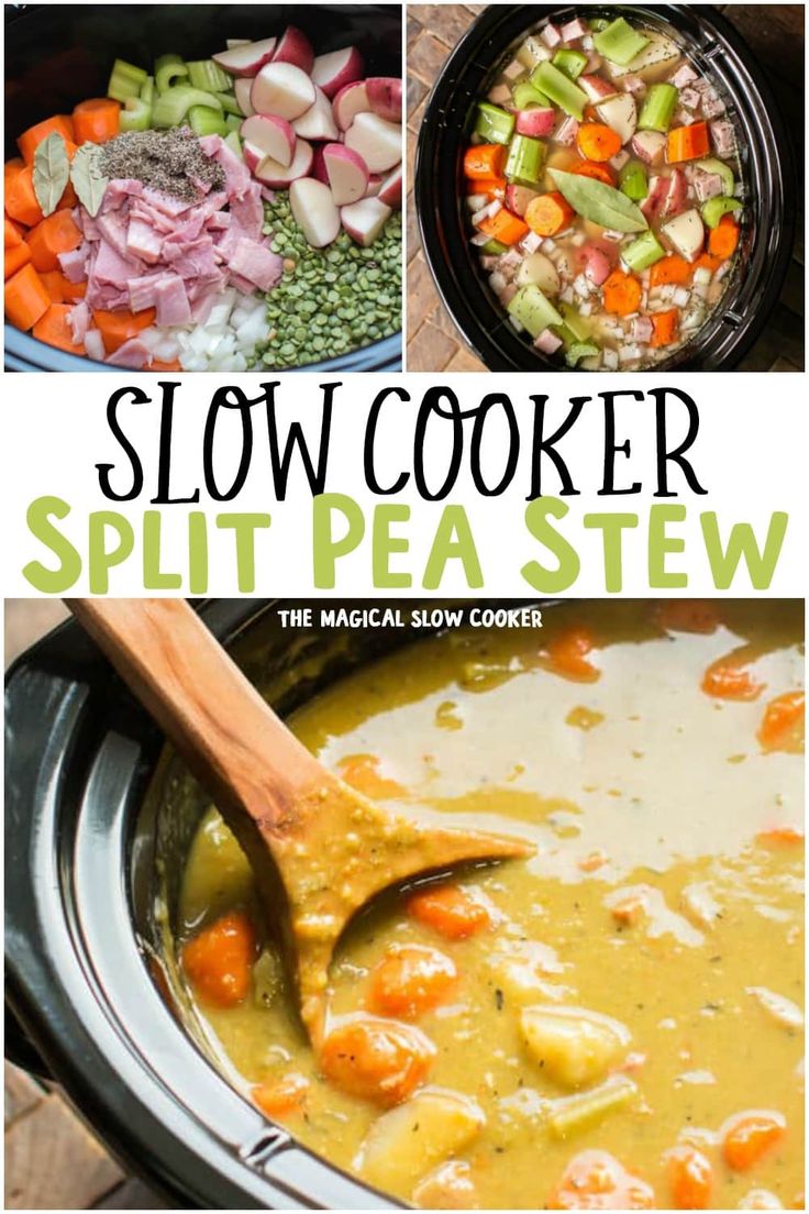 slow cooker split pea stew with carrots, celery and onions in it