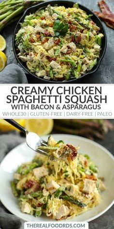 the cover of creamy chicken spaghetti with bacon and asparagus