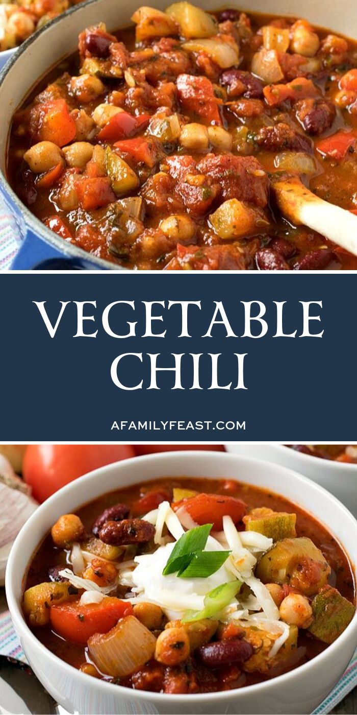 vegetable chili in a white bowl with the title above it