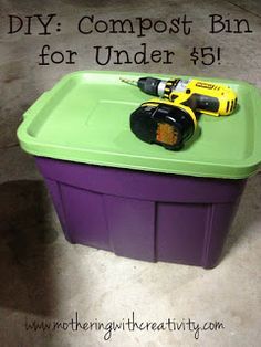 a purple and green container with tools on top that says diy compost bin for under $ 5