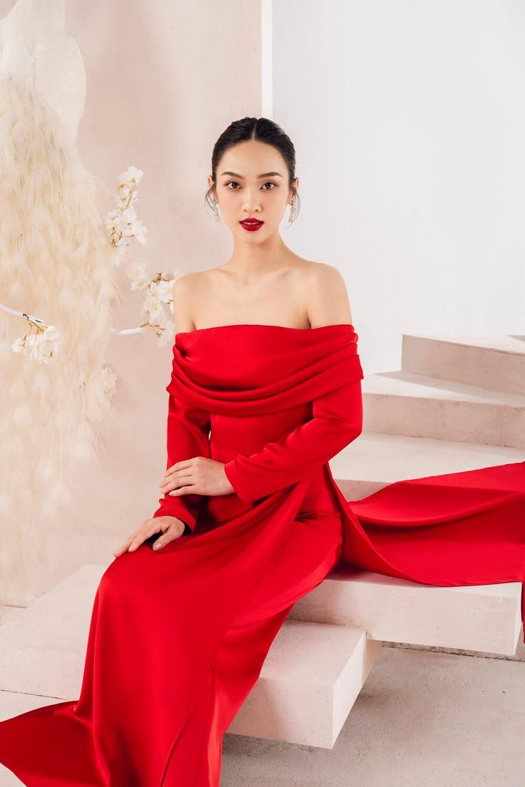 Zazie Off-Shoulder Ao Dai | MEAN BLVD Vietnamese Wedding, Red Silk Dress, Bow Tie Dress, Mean Blvd, Hidden Beauty, Silk Dress Long, Simple Pakistani Dresses, Mass Production, Silk Pants