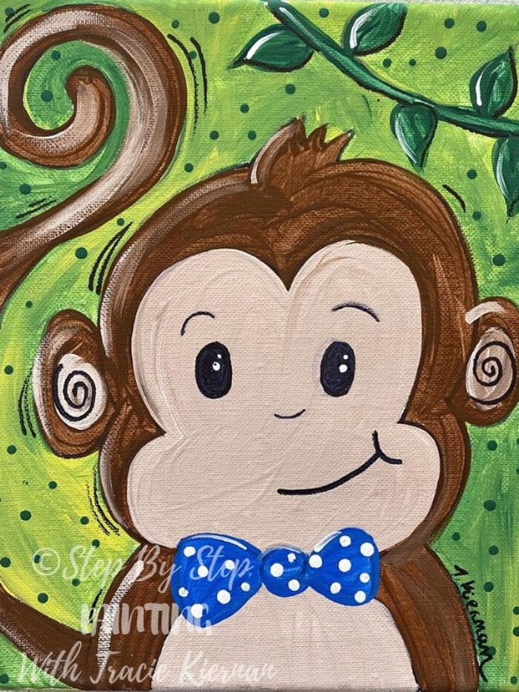 a painting of a monkey with a blue bow tie on it's neck and green background