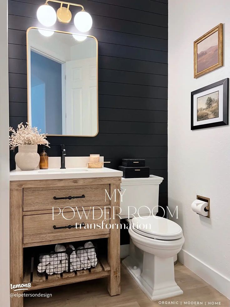 Powder Room Transformation// Our powder room is the smallest room in our entire home so I wanted to make sure to utilize every squ Modern Half Bathroom, Powder Bathroom Ideas, Farmhouse Powder Room, Small Half Bathroom, Small Half Bath, Kid Bathroom, Half Bath Remodel, Powder Room Remodel, Half Bathroom Decor