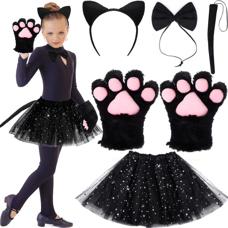 PRICES MAY VARY. Black Cat Costume Set: the package contains 12 pieces of cat role play costume in total, including 4 pieces of cat claw gloves, 2 pieces of cat ears headbands, 2 pieces of bow ties, 2 pieces of cat tails, and 2 pieces of tutus, a nice cat costume set to meet your needs for dressing up Versatile Applications: the cat costume for girls is suitable for people to dress up and take part in Halloween parties, masquerade, cosplay parties, Christmas and so on, making them stand out from Cat Halloween Costume For Kids, Paws Gloves, Cat Girl Costume, Cat Costume Kids, Black Cat Costume, Cat Costume Diy, Cat Ears And Tail, Black Cat Costumes, Cat Tails