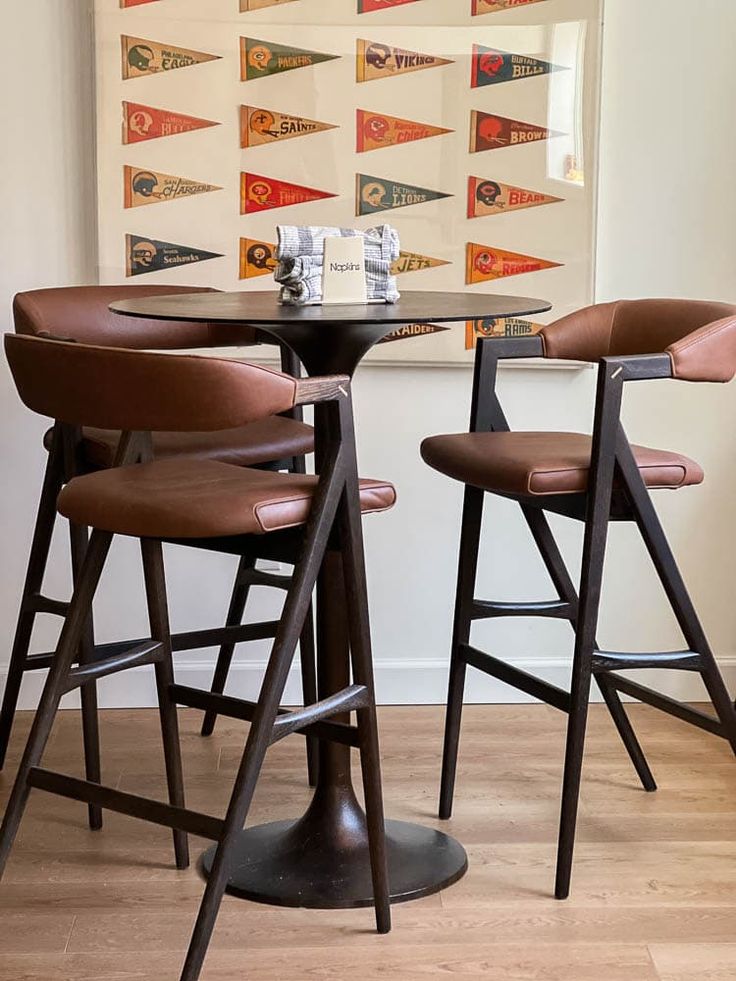 two stools and a table in front of a wall with pennants on it