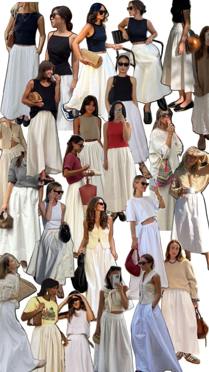 Ways to style White Maxi Skirt Street Style, How To Style White Skirt Long, Long White Skirt Outfit Summer Aesthetic, Maxi Skirt Beach Outfit, White Maxi Skirt Outfit Summer Casual, Fitted Maxi Skirt Outfit, Maxi White Skirt Outfit, Long White Skirt Outfit Summer, Long Floral Skirt Outfit