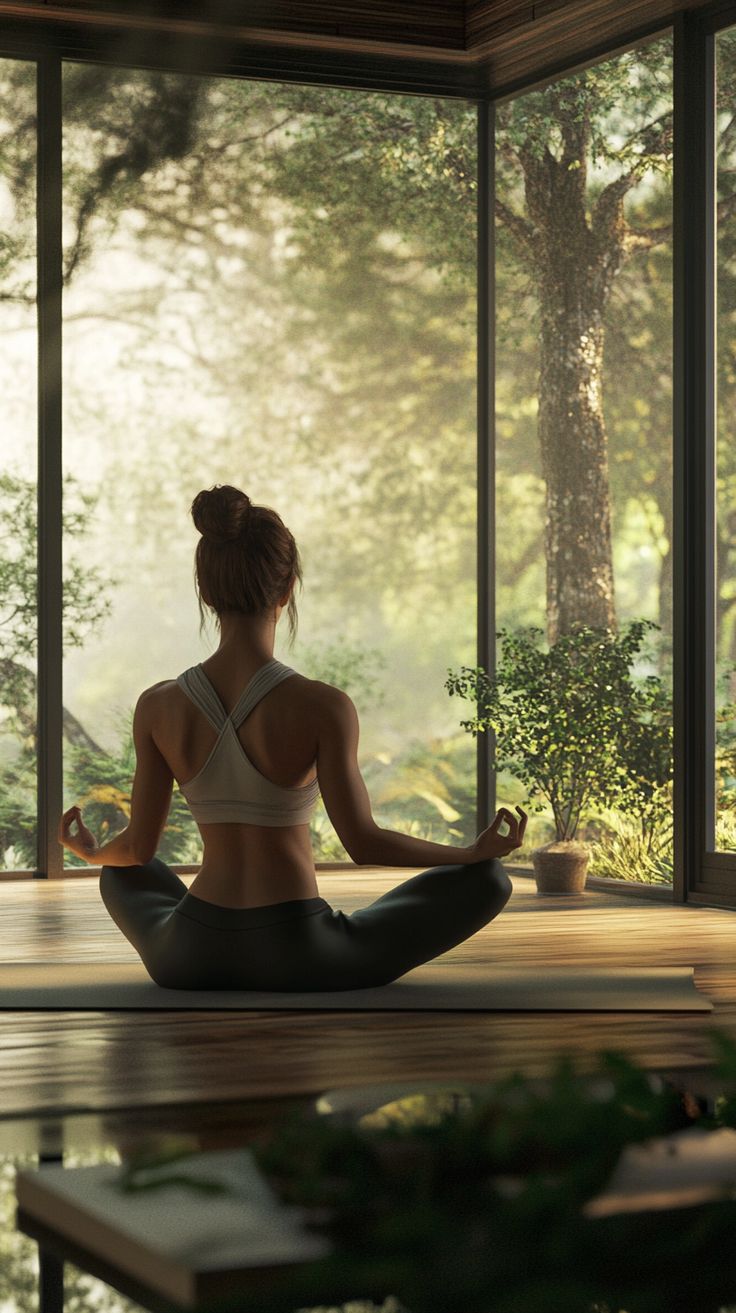 a woman is sitting in a yoga position on the floor with her back to the camera