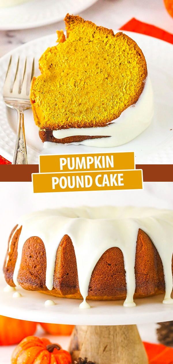 pumpkin pound cake with white frosting on top and an image of the bundt cake