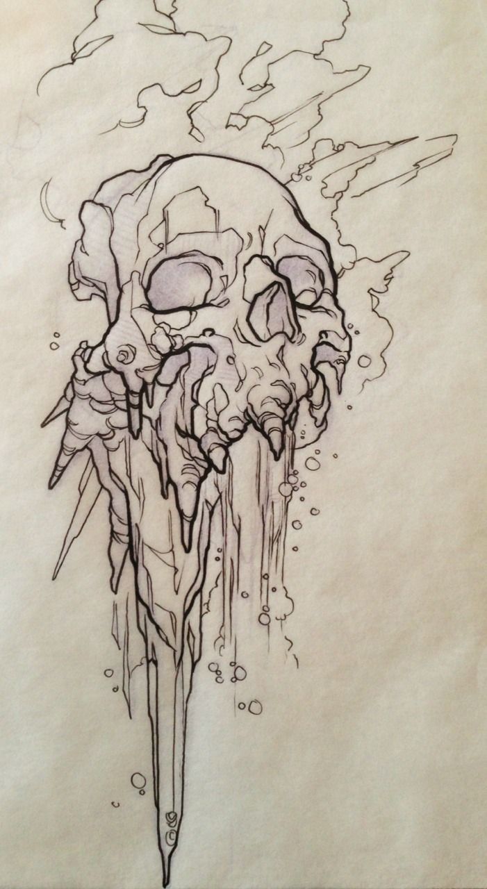 a drawing of a skull with an umbrella sticking out of it's mouth and dripping water