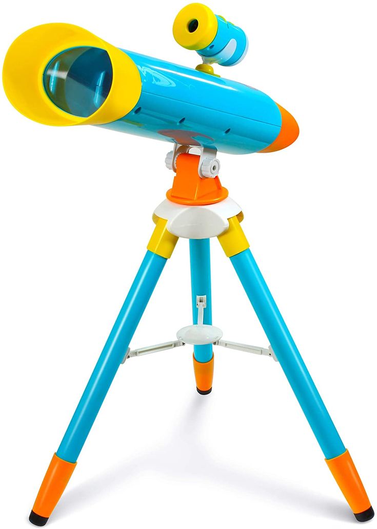 a blue and yellow telescope sitting on top of a tripod