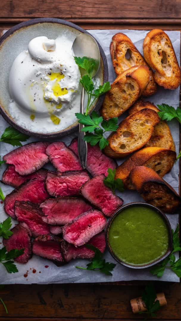 steak, bread and green sauce on a plate