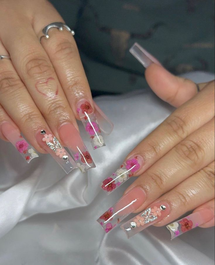 Pink Flower Encapsulated Nails, Clear Floral Nails, Flower Encapsulated Nails, Short Encapsulated Nails, Hype Nails, Tapered Nails, Statement Nails, Matte Pink Nails, Brown Acrylic Nails