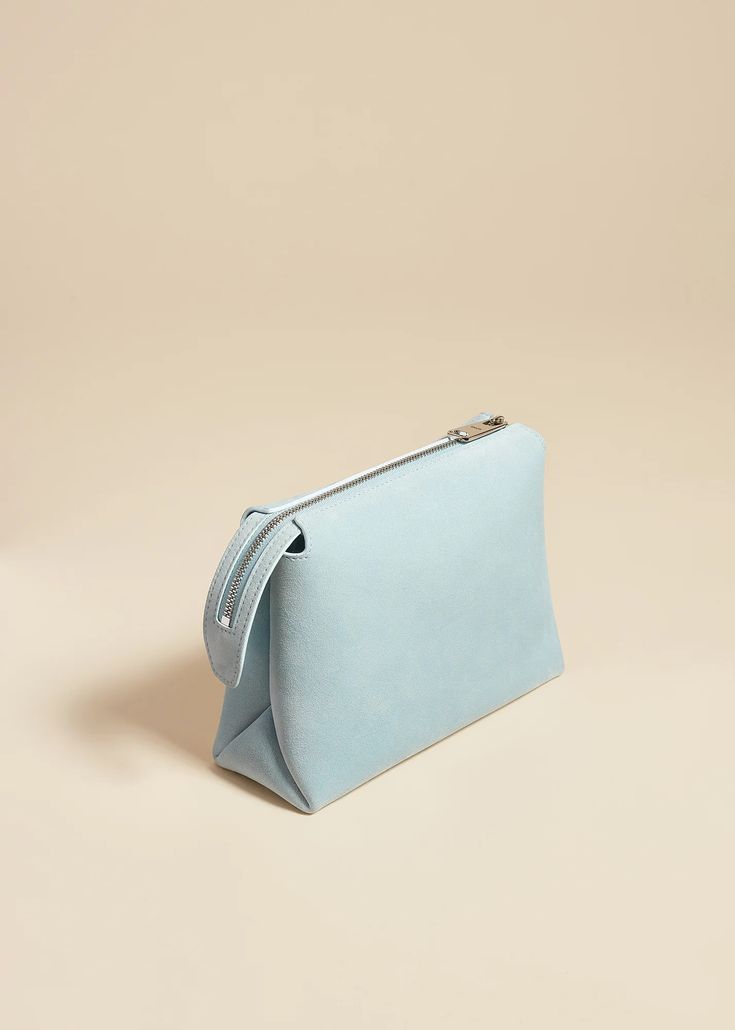 The Lina Pochette in Baby Blue Suede– KHAITE Leather Care, Blue Suede, Baby Blue, Pouch, Zipper, Blue