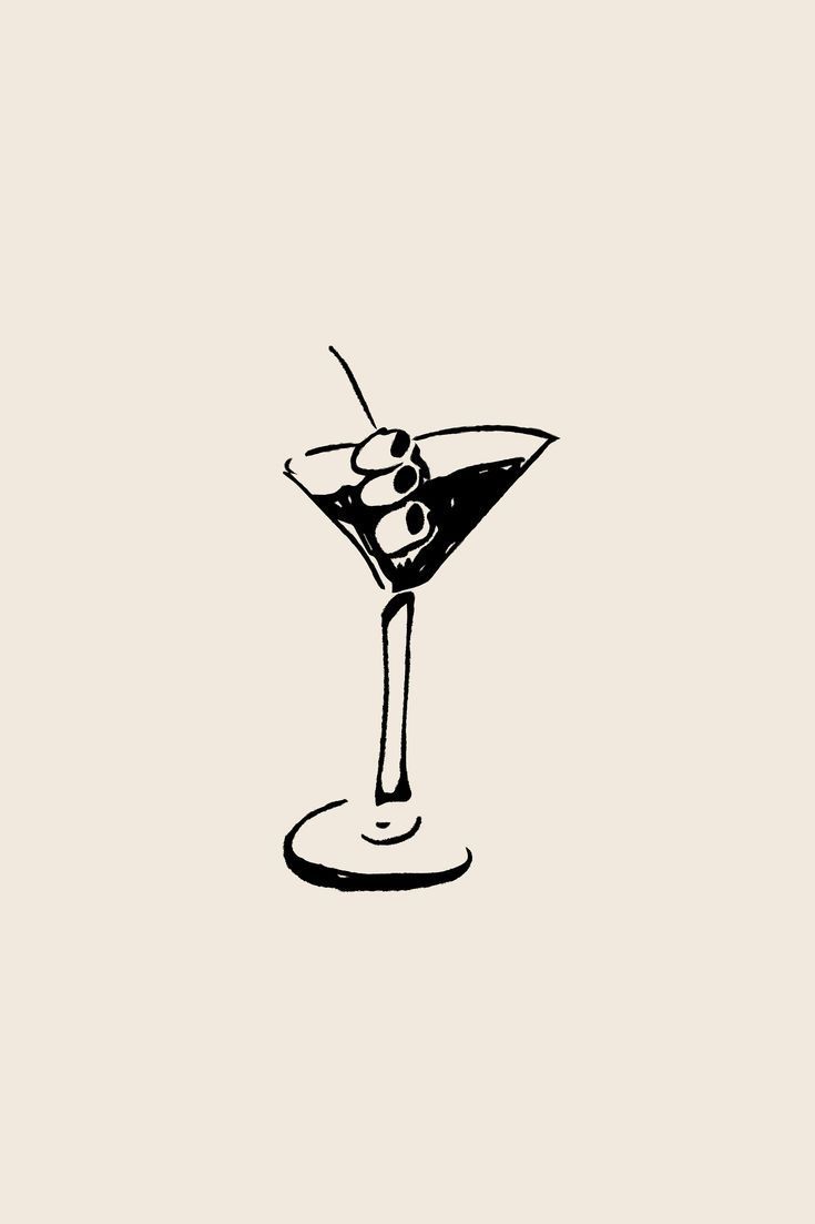 a black and white drawing of a martini glass with cherries on the rims