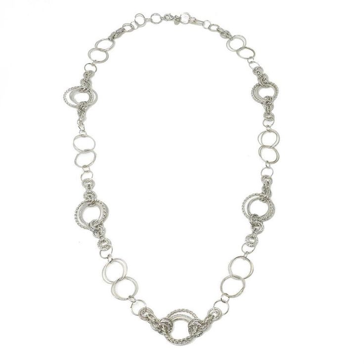 Long Round Silver Link Necklace-Jose Maria Barrera-Swag Designer Jewelry Elegant Circle Hammered Necklaces, Elegant Silver Full Circle Necklace, Elegant Long Necklace With Adjustable Chain, Elegant Full Circle Hammered Jewelry, Elegant Hammered Circle Necklace, Elegant Round Metal Chain Necklace, Elegant Hammered Link Jewelry, Silver Necklaces With Rolo Chain, Elegant Long Necklace With Round Metal Pendant