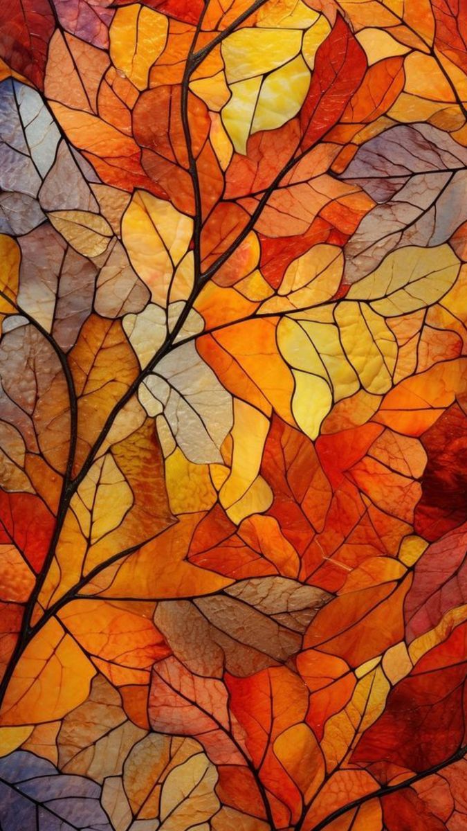 a stained glass window with leaves on it's sides and the colors of autumn