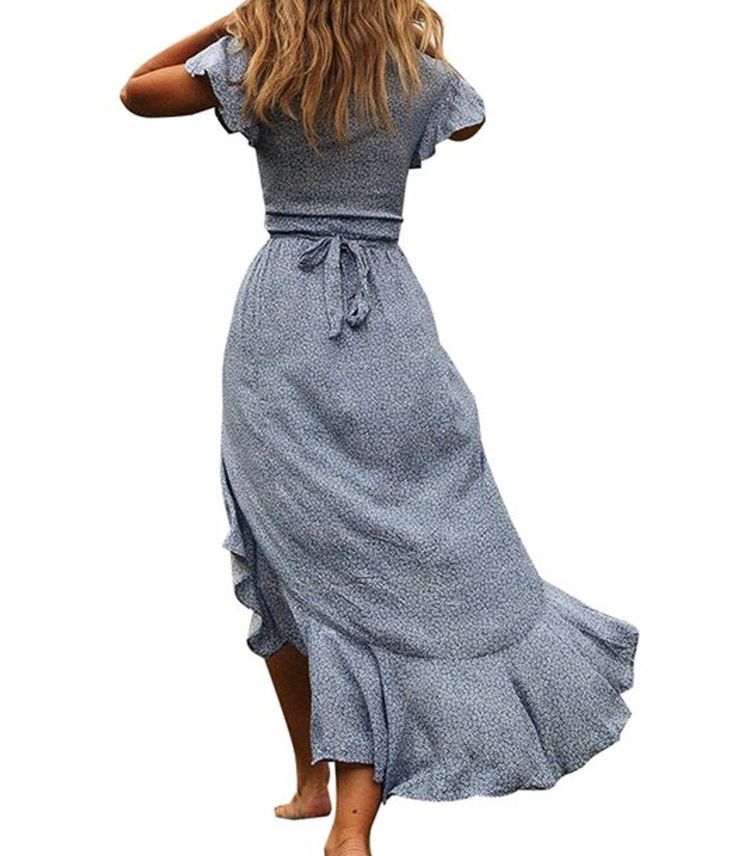 Women's Cute Bohemian Floral Print Long Maxi V-Neck Wrap around Dress best for Spring Summer Occasions Material: Polyester Features: V-Neck, Raffle Frills, Short Sleeved, Floral Print, Irregular Strap, Wrap around, High Split dress, Light weighted, Fit & Flowy Colors Available: Blue, yellow, Red Sizes: Small, Medium, Large, X-Large Casual Wrap Dress For The Beach, Casual Wrap Dress For Vacation, Casual Wrap Maxi Dress For Beach, Casual Linen Wrap Dress For Summer, Casual Summer Wrap Dress, Bohemian Wrap Dress For Day Out, Flowy Wrap Midi Dress For Beach, Casual Summer Wrap Midi Dress, Fitted Maxi Dress With Surplice Neckline For Summer