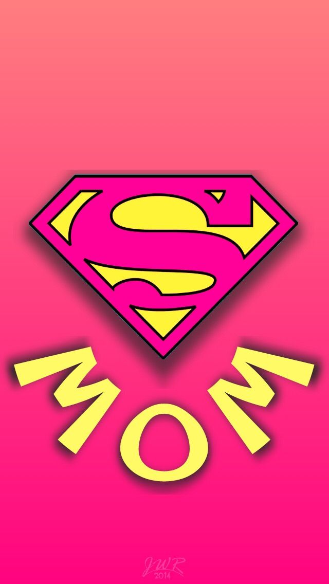 the word mom with a superman symbol on it's chest and yellow letters below