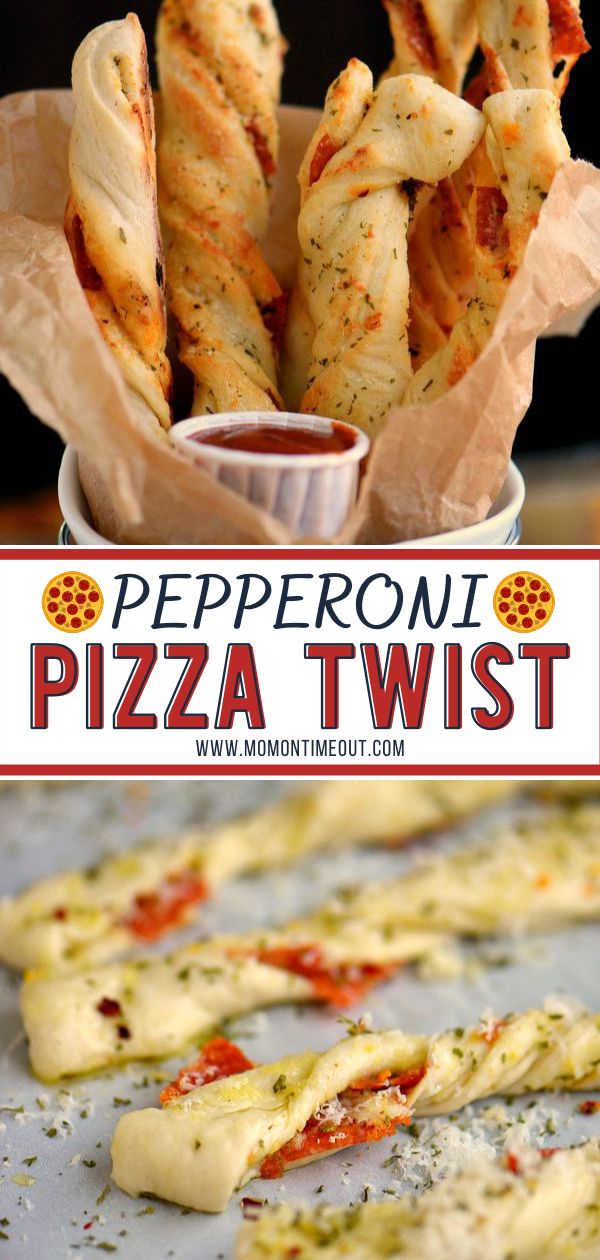 pepperoni pizza twists with tomato sauce on the side and text overlay that reads pepperoni pizza twist