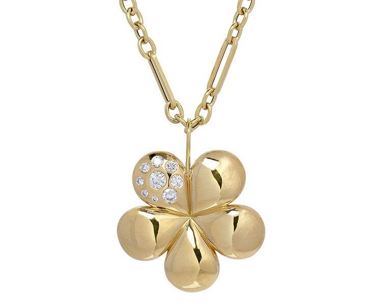 A boldness exudes from this Brent Neale necklace in both style and scale. The polished 18K yellow gold dimensional flower is made up of five petals. One of them is set with different sizes diamonds adding just the right amount of sparkle. Bohemian and modern, this necklace sets a mood and begs for a closer look. total length : 18" : 18K yellow gold18K yellow gold and diamond pendant : just over 1 1/4" diameter diamonds : 1.5mm to 4.5mm diameter each 18K yellow gold lobster clasp closure Brent Neale, Gold And Diamond Pendant, Citrine Birthstone, Diamond Chain Necklace, Pearl Jewels, Diamond Birthstone, Petal Flower, Diamond Jewelry Necklace, Squash Blossom