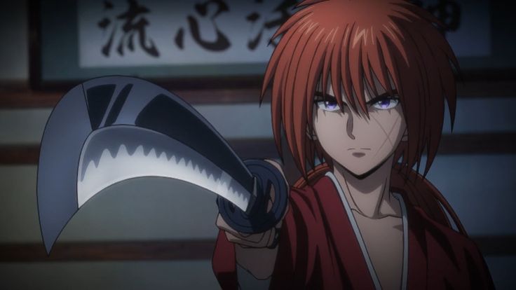 an anime character with red hair holding a large knife