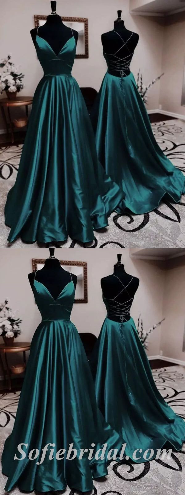 Sexy Dark Green Satin Halter V-Neck Sleeveless Lace Up Back A-Line Long Prom Dresses,SFPD0386 Description 1, Material: satin 2, Color: it can be in custom color, please contact us and tell us style number, then we will send you more colors to choose. 3, Size: standard size or custom size, if dress is custom made, we need measurement as following, please leave custom measurement and information in the note of shopping cart. bust______ cm/inch waist______cm/inch hip:_______cm/inch shoulder to shou Green Prom Dress Long, Prom Dress Inspo, Prom Outfit, Dress Pictures, Stunning Prom Dresses, Prom Dress Inspiration, Cute Prom Dresses, Long Prom Dresses, Pretty Prom Dresses