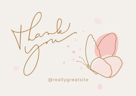 a pink butterfly with the words thank you on it's back and gold lettering