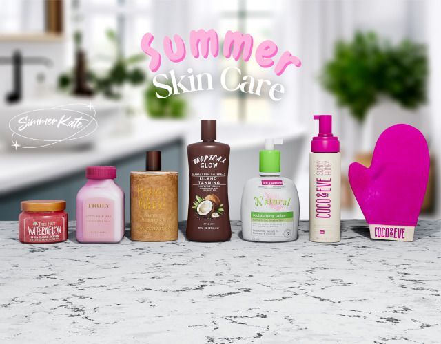 various skin care products sitting on a countertop in front of a kitchen with the words summer skin care written above them