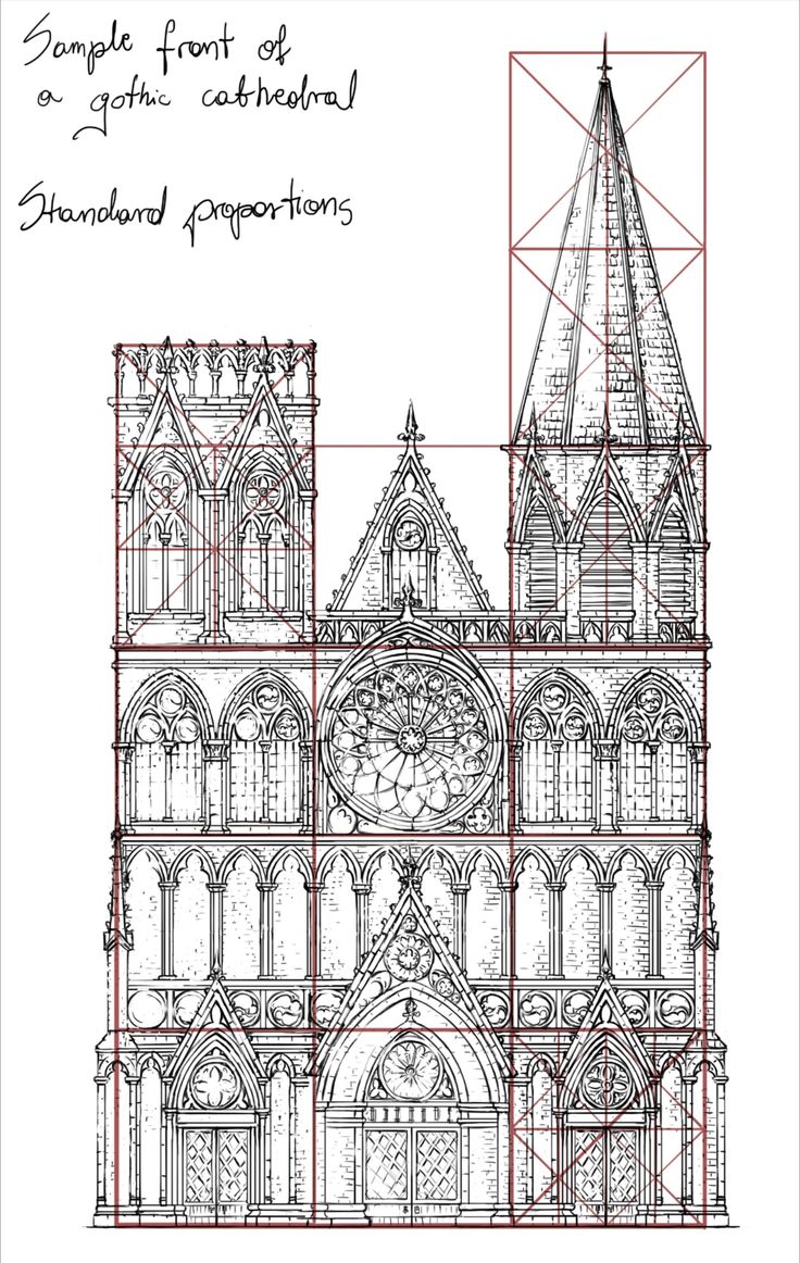 a drawing of a cathedral with the top section drawn out and some other details to be added