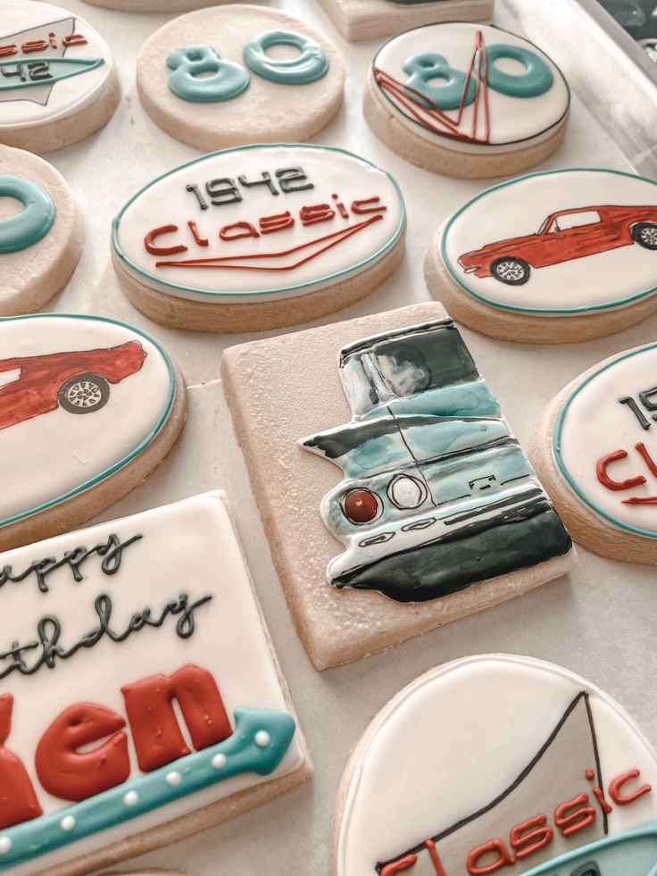 Classic car theme custom cookies in Walton/Northern Kentucky. Kentucky Butter Cookies, Cars Cookies, Car Theme Birthday, Vintage Car Birthday, Vintage Car Party, Classic Cars Birthday Party, Husband 40th Birthday, Cars Birthday Party Decorations, Car Cookies