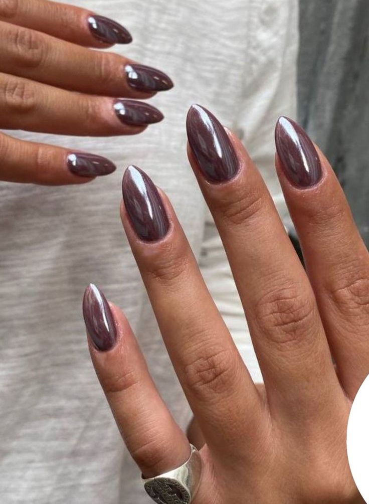 Purple Glaze Nails, Charcoal Chrome Nails, Dark Purple Nails Chrome, Purple Monochrome Nails, Dark Chrome Nails Designs, Pewter Aesthetic, Dark Nails With Chrome, Grey Nails With Chrome, Dark Grey Chrome Nails