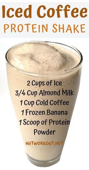 iced coffee protein shake recipe in a glass with information about the ingredients and how to use it